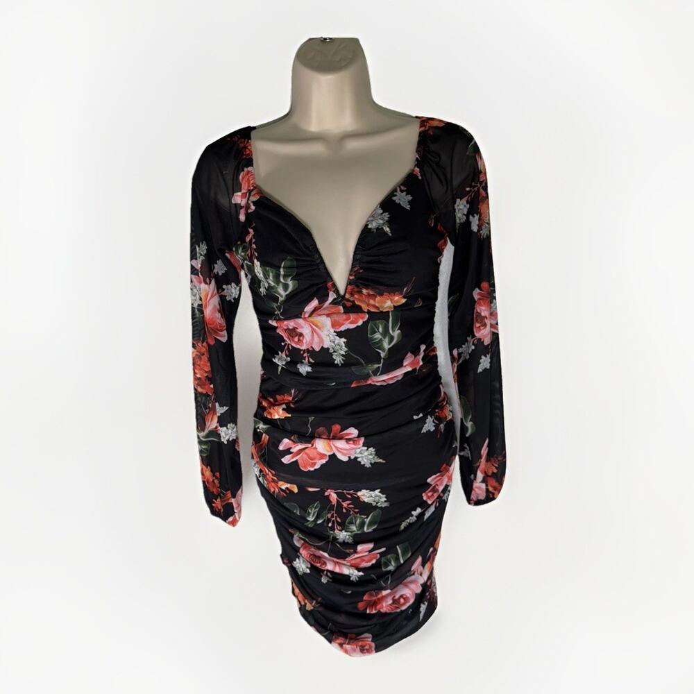 NWT Y2K Guess Los Angeles XS Ruched Floral Mesh Bodycon Mini Dress Sheer Party - Picture 2 of 13